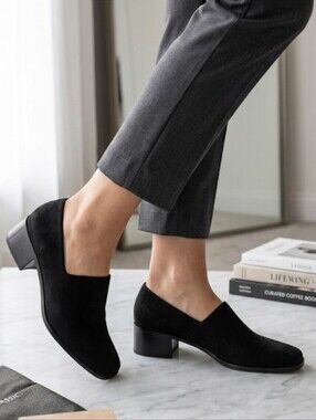 Vtg Y2K Donald J Pliner Black Crepe Square-Toe Slip On Block Heel Loafers 8